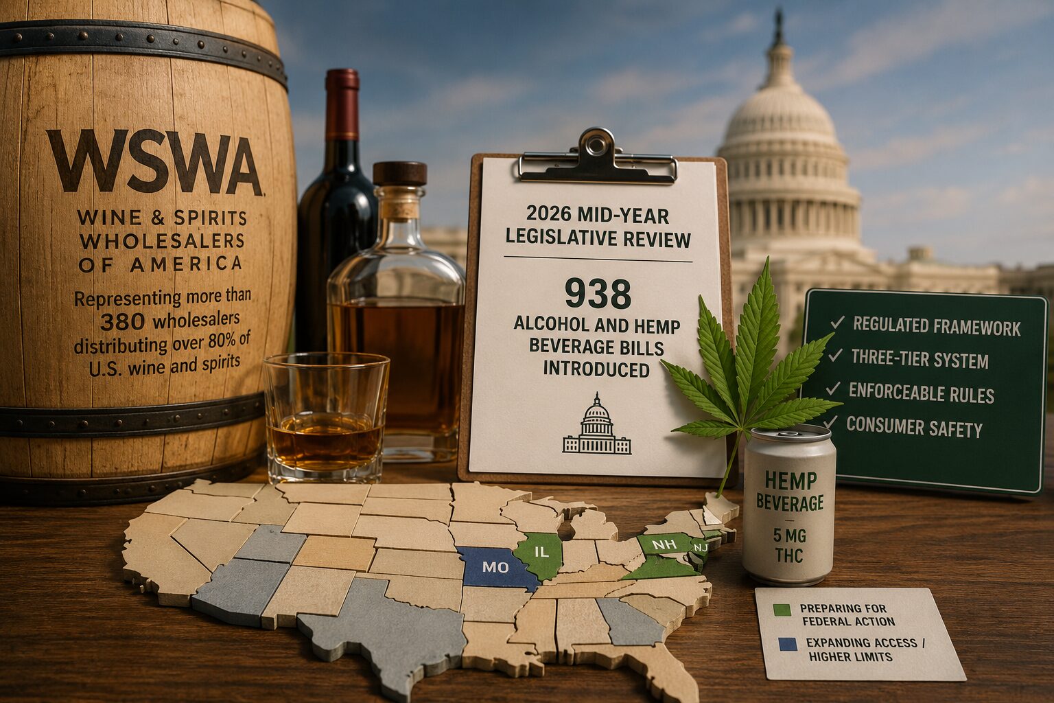 Illustration of wine and spirits bottles, a hemp beverage can, a cannabis leaf, and a legislative report in front of the U.S. Capitol, representing the Wine & Spirits Wholesalers of America's policy positions on intoxicating hemp regulation.