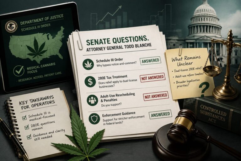 Editorial illustration showing DOJ cannabis Schedule III documents, a gavel, scales of justice, and cannabis leaves, highlighting unanswered questions about Section 280E tax treatment and federal cannabis policy.