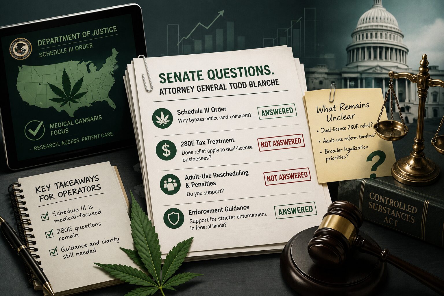 Editorial illustration showing DOJ cannabis Schedule III documents, a gavel, scales of justice, and cannabis leaves, highlighting unanswered questions about Section 280E tax treatment and federal cannabis policy.