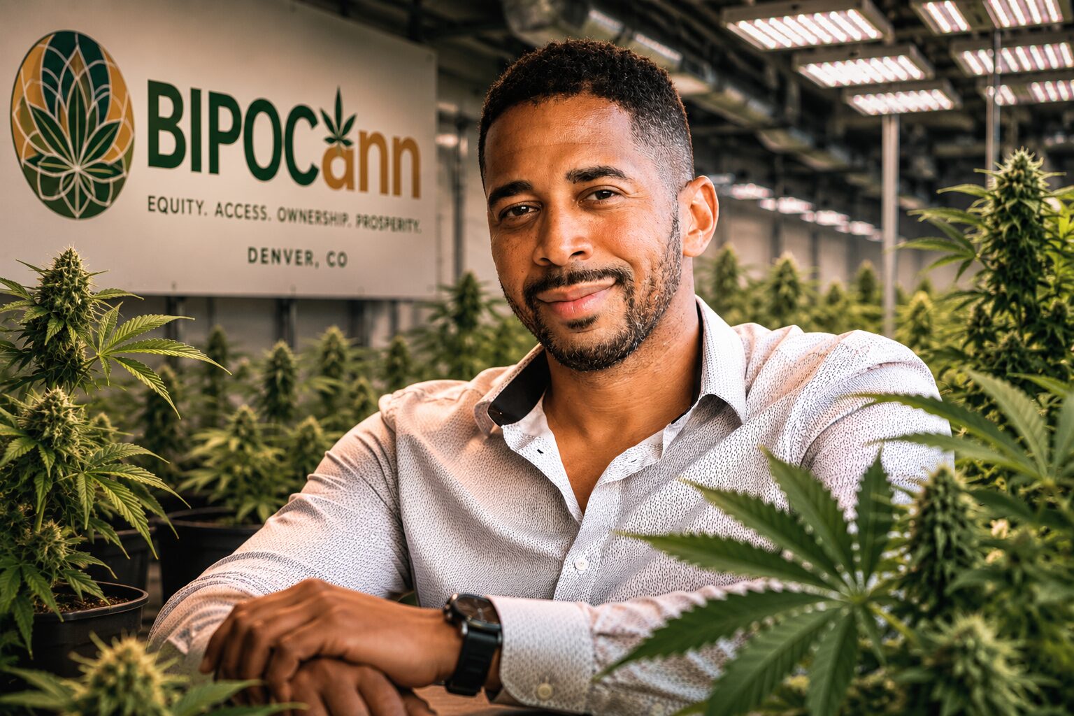 Portrait of Ernest Tony, founder of BIPOCann, standing inside a commercial indoor cannabis cultivation facility with mature cannabis plants in the foreground and background. A BIPOCann sign is visible behind him, representing the organization's work supporting social equity cannabis entrepreneurs in Colorado. Image made with AI.