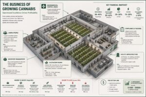 Landscape infographic showing an isometric, architectural cutaway view of a commercial indoor cannabis cultivation facility. The illustration labels grow rooms, HVAC systems, irrigation infrastructure, inventory storage, compliance offices and work areas with callouts highlighting illustrative financial metrics, labor costs, gross margins, inventory management, operational efficiency and capital investment considerations.