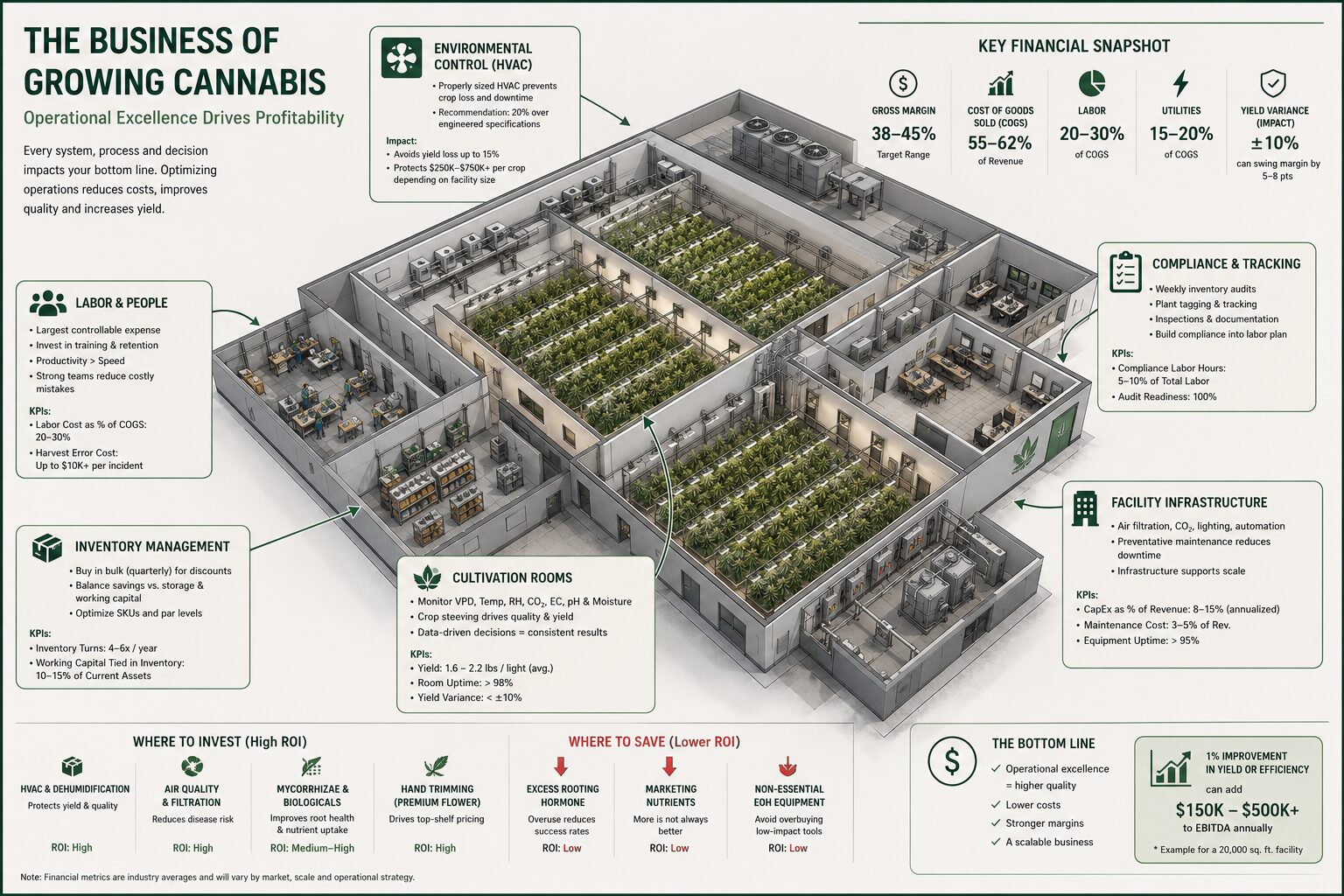 Landscape infographic showing an isometric, architectural cutaway view of a commercial indoor cannabis cultivation facility. The illustration labels grow rooms, HVAC systems, irrigation infrastructure, inventory storage, compliance offices and work areas with callouts highlighting illustrative financial metrics, labor costs, gross margins, inventory management, operational efficiency and capital investment considerations.