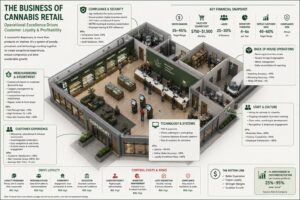 Landscape infographic showing an isometric architectural cutaway of a commercial cannabis dispensary. The illustration labels customer service counters, product displays, inventory storage, compliance and security areas, employee workspaces and back-of-house operations with callouts highlighting illustrative retail metrics related to customer loyalty, labor, inventory management, merchandising, compliance and profitability.