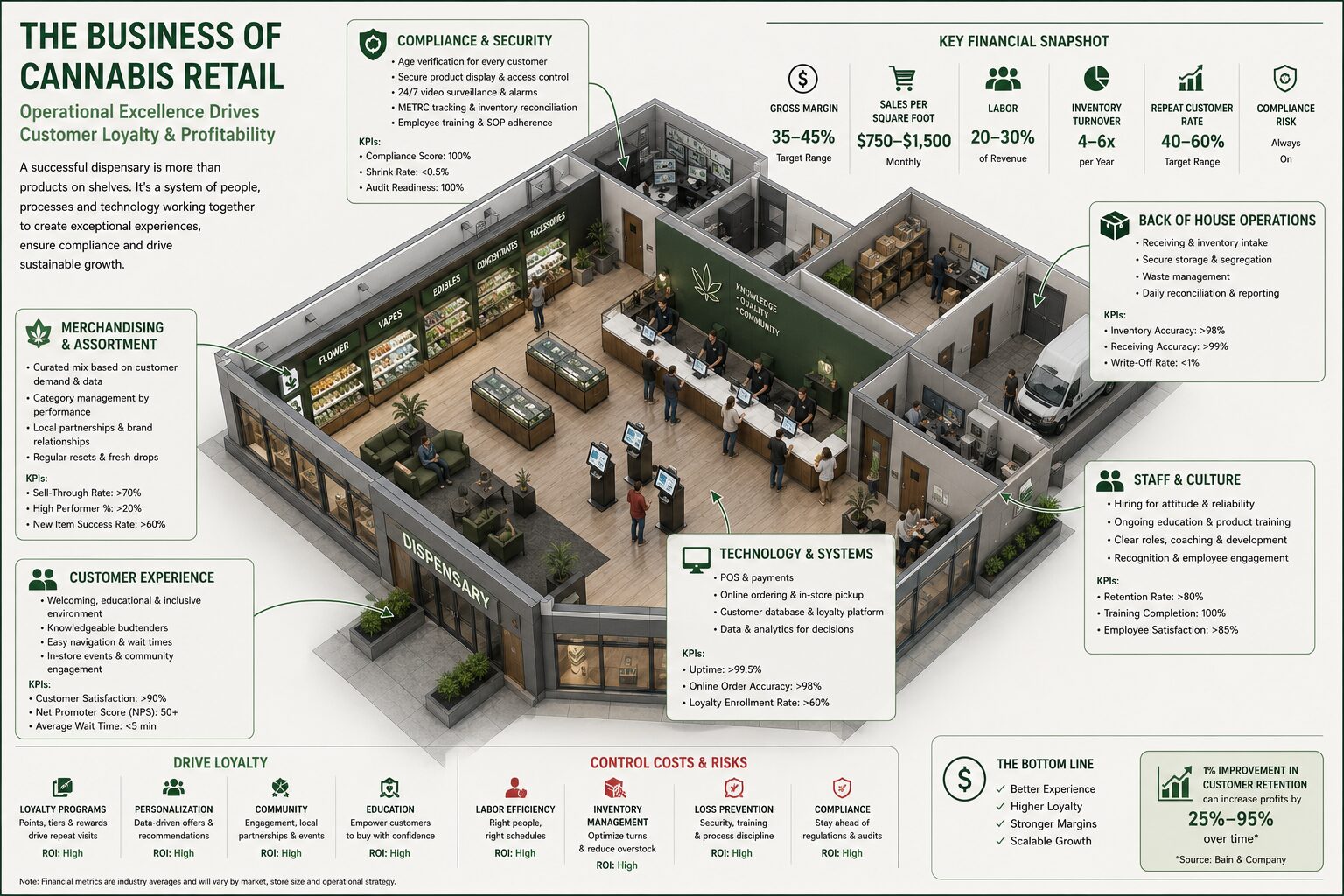 Landscape infographic showing an isometric architectural cutaway of a commercial cannabis dispensary. The illustration labels customer service counters, product displays, inventory storage, compliance and security areas, employee workspaces and back-of-house operations with callouts highlighting illustrative retail metrics related to customer loyalty, labor, inventory management, merchandising, compliance and profitability.