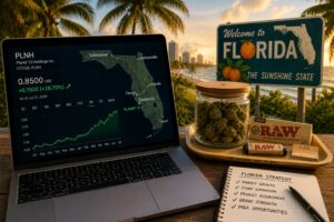 Laptop displaying Florida market data beside cannabis accessories on a beach overlooking the Florida coast.