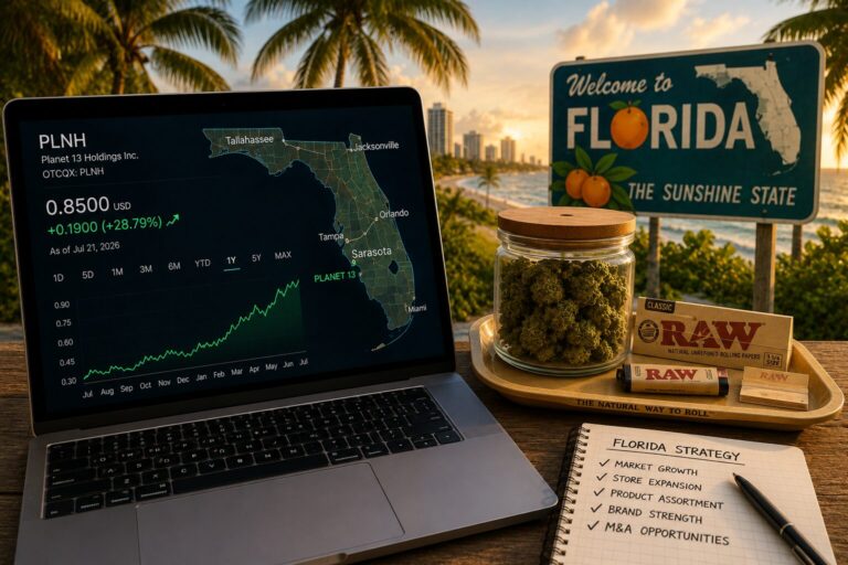 Laptop displaying Florida market data beside cannabis accessories on a beach overlooking the Florida coast.