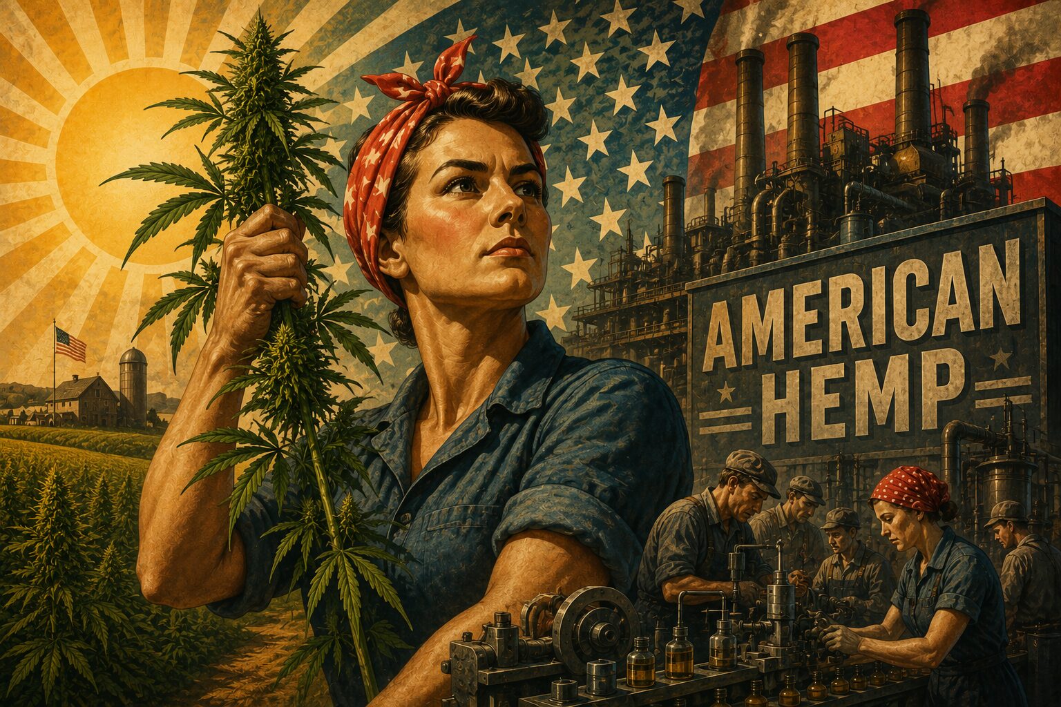 Woman holding a hemp plant in front of a factory, farmland, and an American flag.