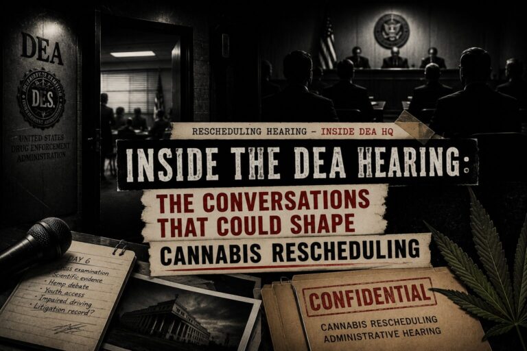 Illustration of a dimly lit federal hearing room viewed through an open doorway, with silhouetted attendees, confidential documents, a reporter's notebook, and a microphone symbolizing the closed-door DEA cannabis rescheduling hearing.