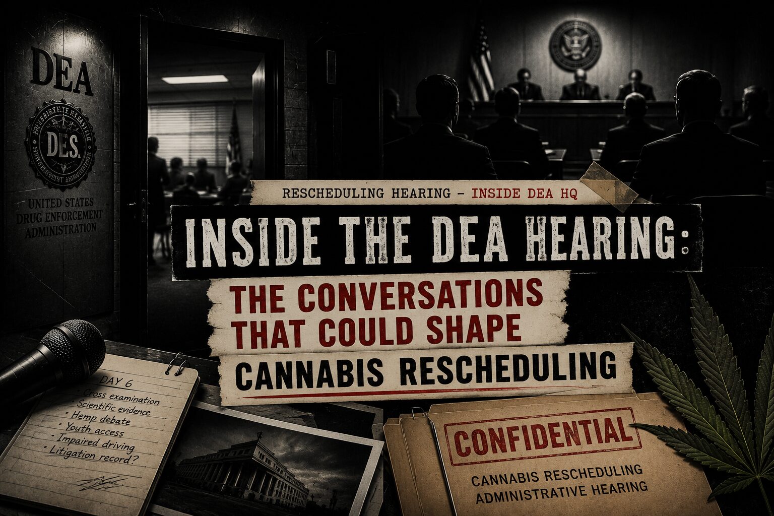 Illustration of a dimly lit federal hearing room viewed through an open doorway, with silhouetted attendees, confidential documents, a reporter's notebook, and a microphone symbolizing the closed-door DEA cannabis rescheduling hearing.