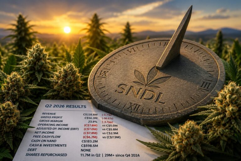 A stone sundial engraved with the letters "SNDL" sits among mature cannabis plants at sunset. In the foreground, a financial summary sheet displays second-quarter earnings metrics, symbolizing the intersection of cannabis cultivation and corporate financial performance.