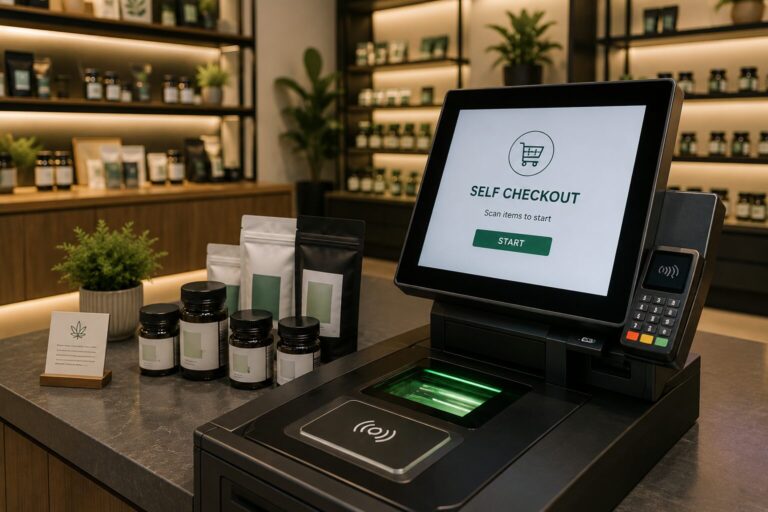Illustration of a modern RFID-enabled self-checkout kiosk inside a retail store, highlighting inventory automation and contactless checkout technology.