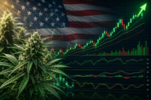 Close-up of a cannabis flower in the foreground with green candlestick stock charts, technical indicators, and a stylized American flag in the background, symbolizing the U.S. cannabis industry's financial performance.