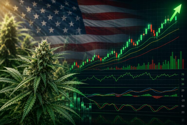 Close-up of a cannabis flower in the foreground with green candlestick stock charts, technical indicators, and a stylized American flag in the background, symbolizing the U.S. cannabis industry's financial performance.