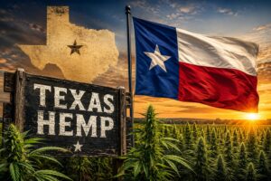 Illustration of a Texas hemp field at sunset with the Texas state flag waving beside a wooden sign reading "Texas Hemp," symbolizing the state's hemp industry and new restrictions on hemp-derived THC products.
