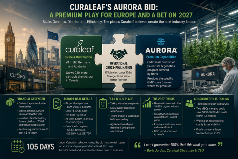 Curaleaf and Aurora Cannabis merger strategy infographic.