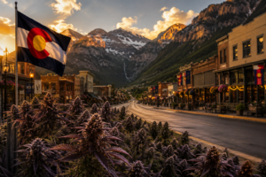 Colorado cannabis plants along a mountain town street.