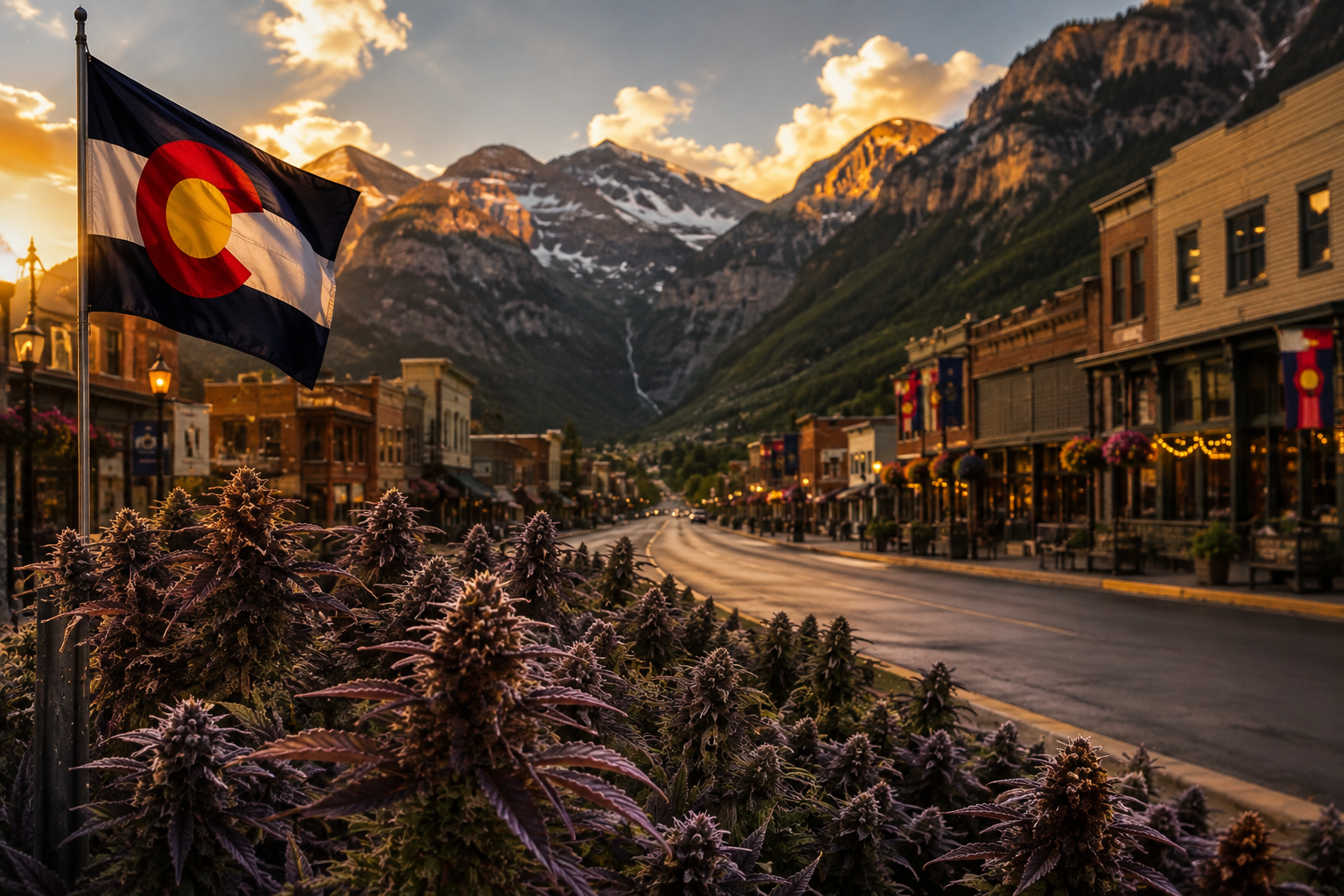 Colorado cannabis plants along a mountain town street.