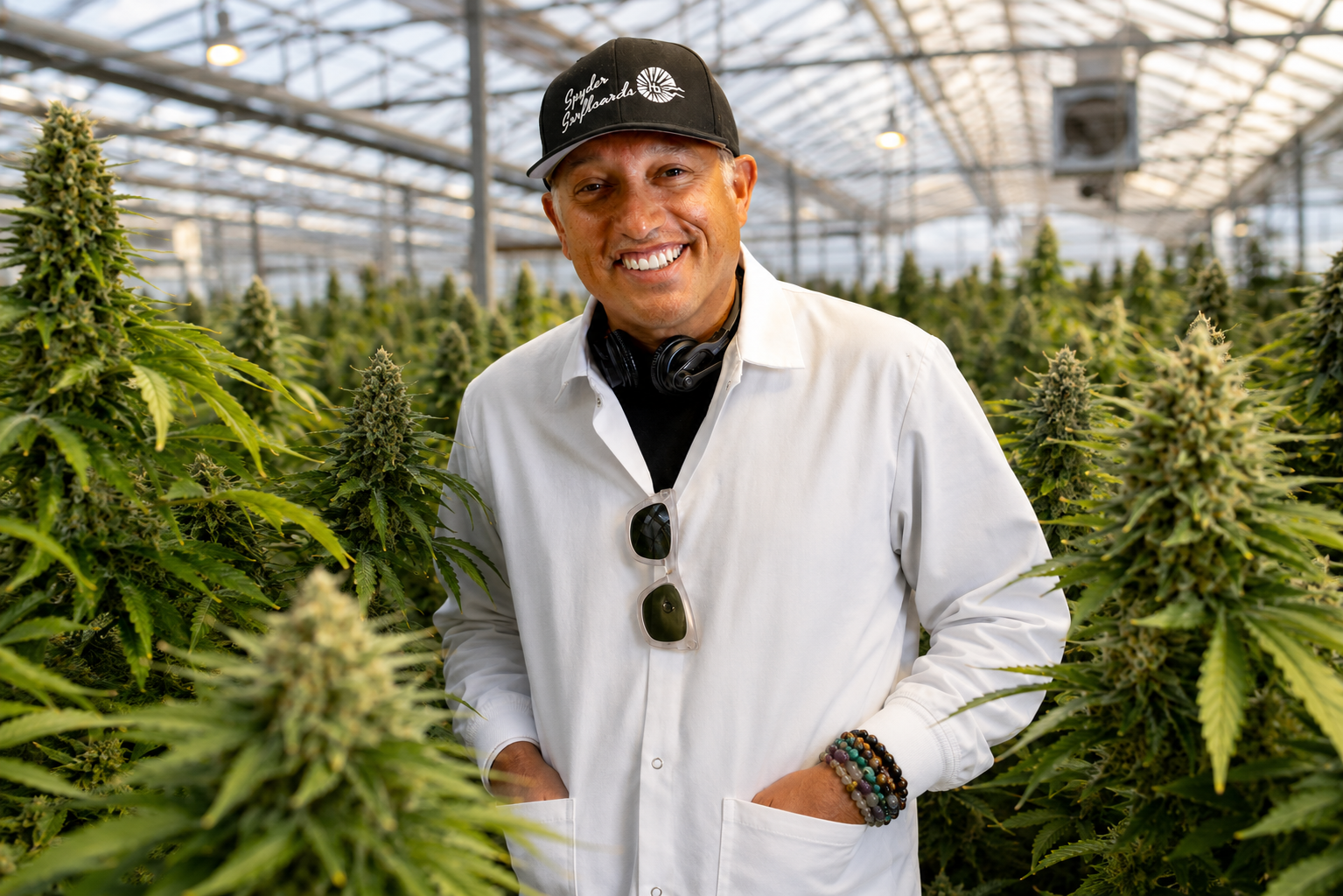 Seth Yakatan in a cannabis greenhouse