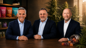 MariMed executives with cannabis plants and Betty’s Eddies products.