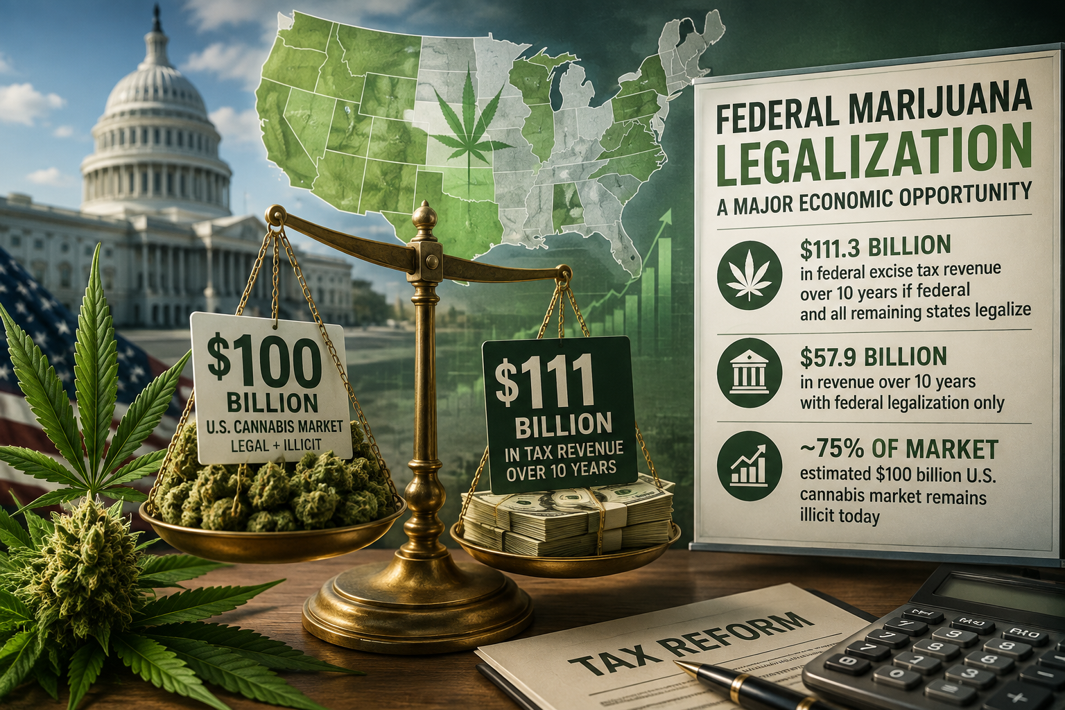 Cannabis, U.S. Capitol and tax figures illustrating the economic impact of federal marijuana legalization.