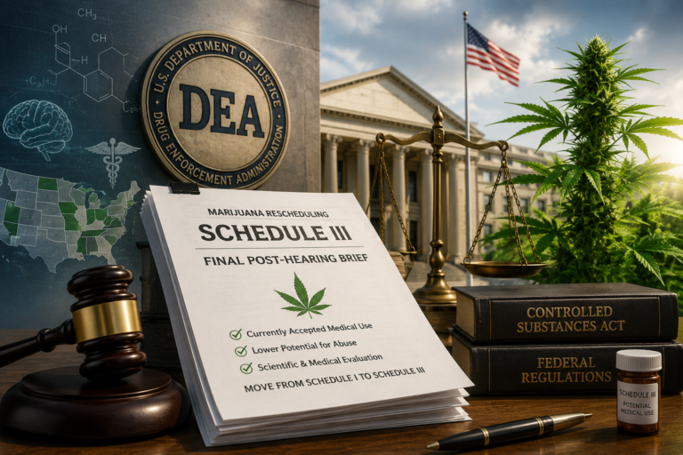 DEA marijuana Schedule III brief beside cannabis plants, a gavel and federal legal documents.