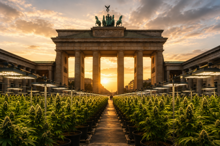 Cannabis plants growing beneath Berlin’s Brandenburg Gate.