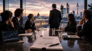 Six business executives, three women and three men, meet around a boardroom table with an acquisition proposal and financial charts, overlooking the Berlin skyline.