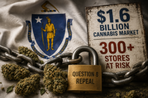 Massachusetts state flag behind cannabis flower buds wrapped in heavy chains and secured with a padlock, illustrating the potential repeal of the state’s regulated cannabis market.