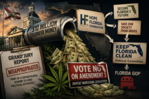 Illustration of Florida taxpayer money flowing into the campaign against marijuana legalization.