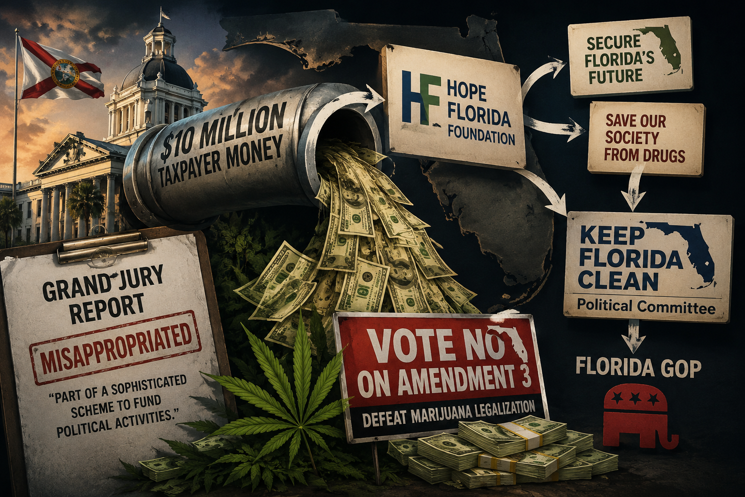 Illustration of Florida taxpayer money flowing into the campaign against marijuana legalization.