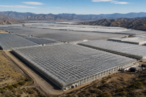 Aerial view of vast greenhouses stretching across a dry, mountainous landscape.