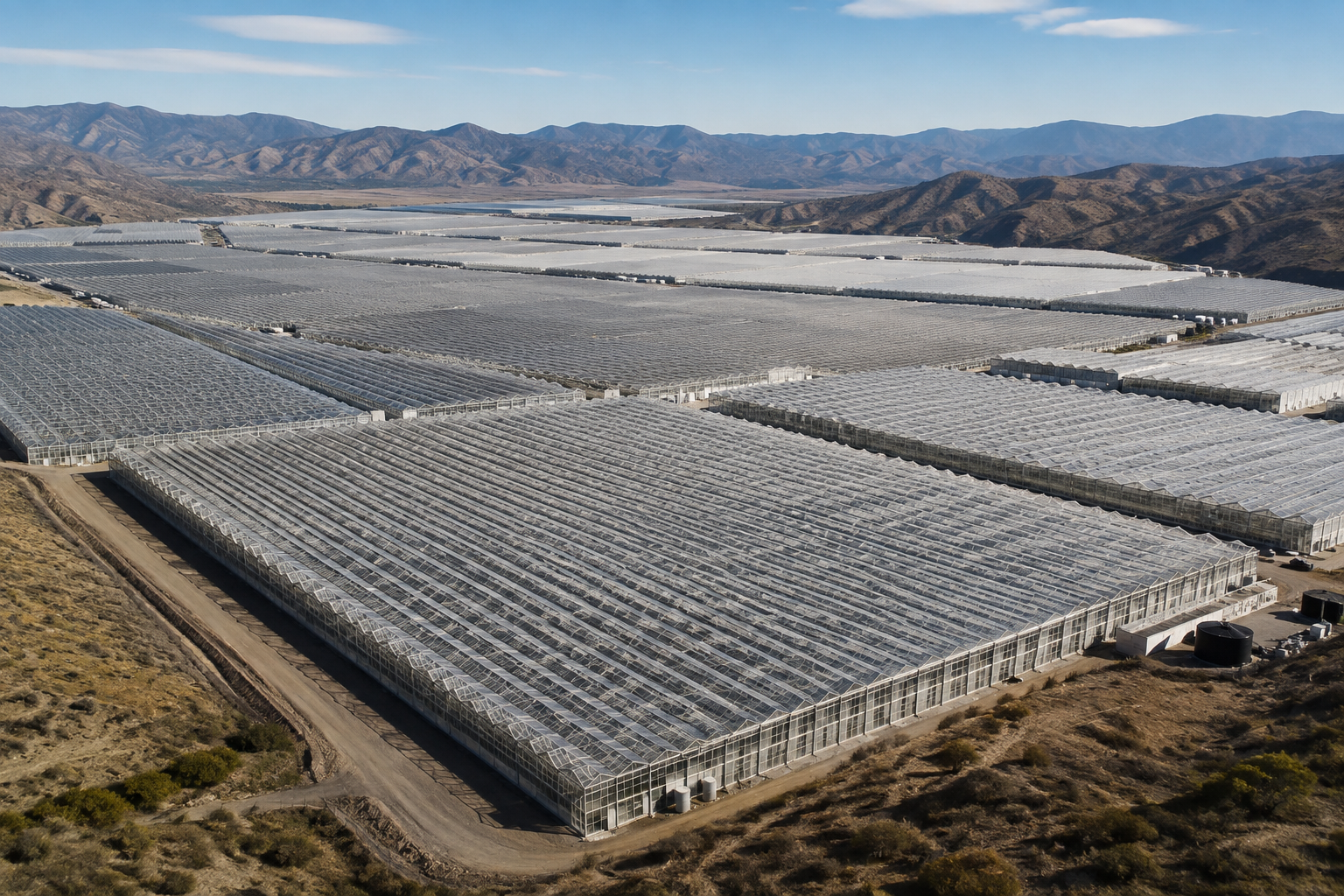 Aerial view of vast greenhouses stretching across a dry, mountainous landscape.