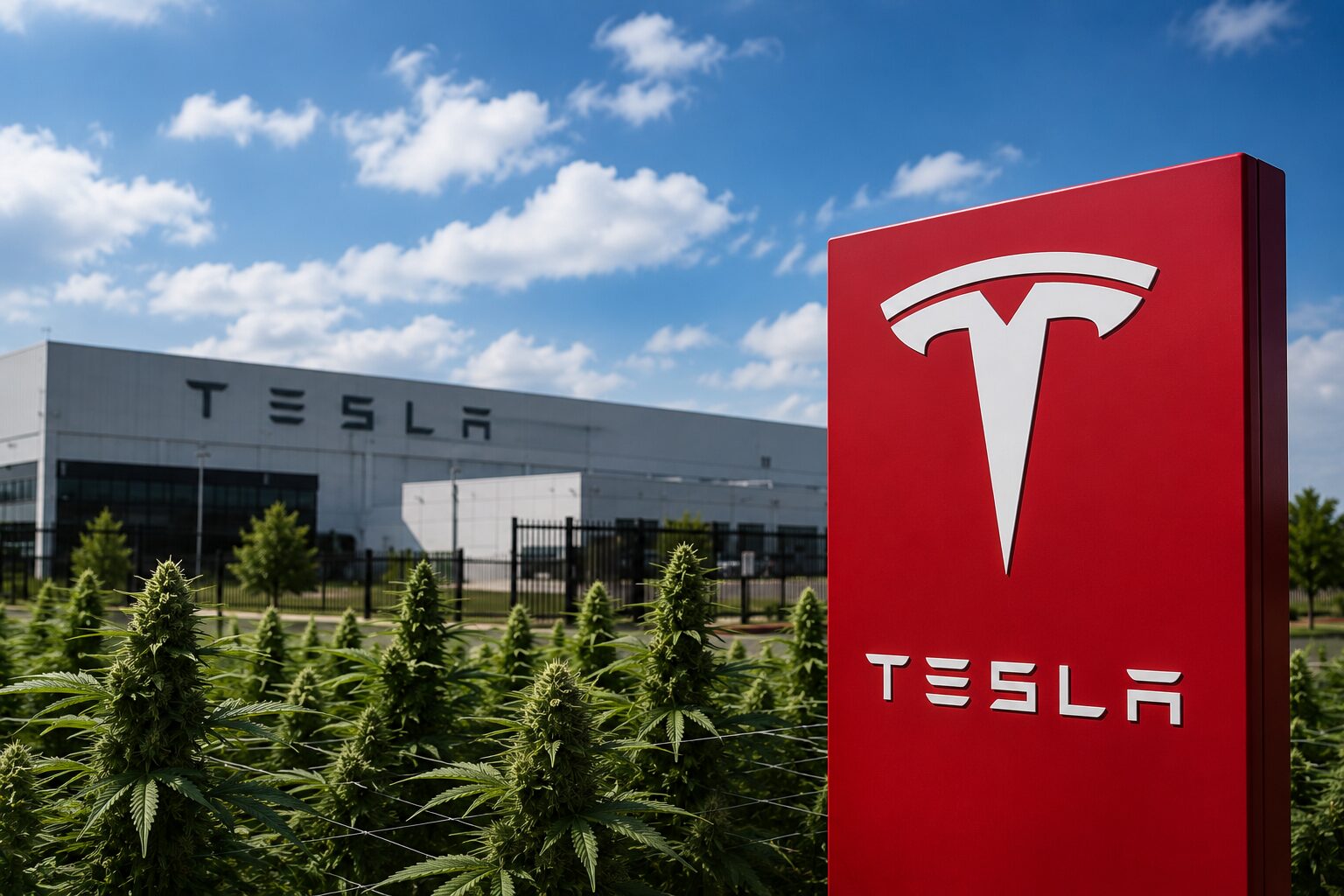 Illustration of a Tesla manufacturing facility with cannabis plants in the foreground, representing a lawsuit involving off-duty medical cannabis use, workplace drug testing, and employment discrimination in California.
