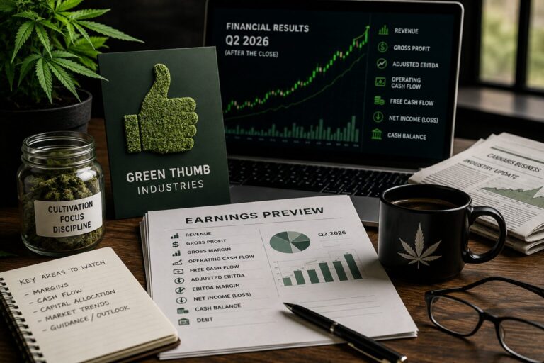 Financial workspace illustrating a Green Thumb Industries earnings preview, featuring printed financial reports, charts tracking revenue, gross profit, adjusted EBITDA and cash flow, alongside cannabis cultivation imagery and an earnings dashboard representing quarterly financial analysis.