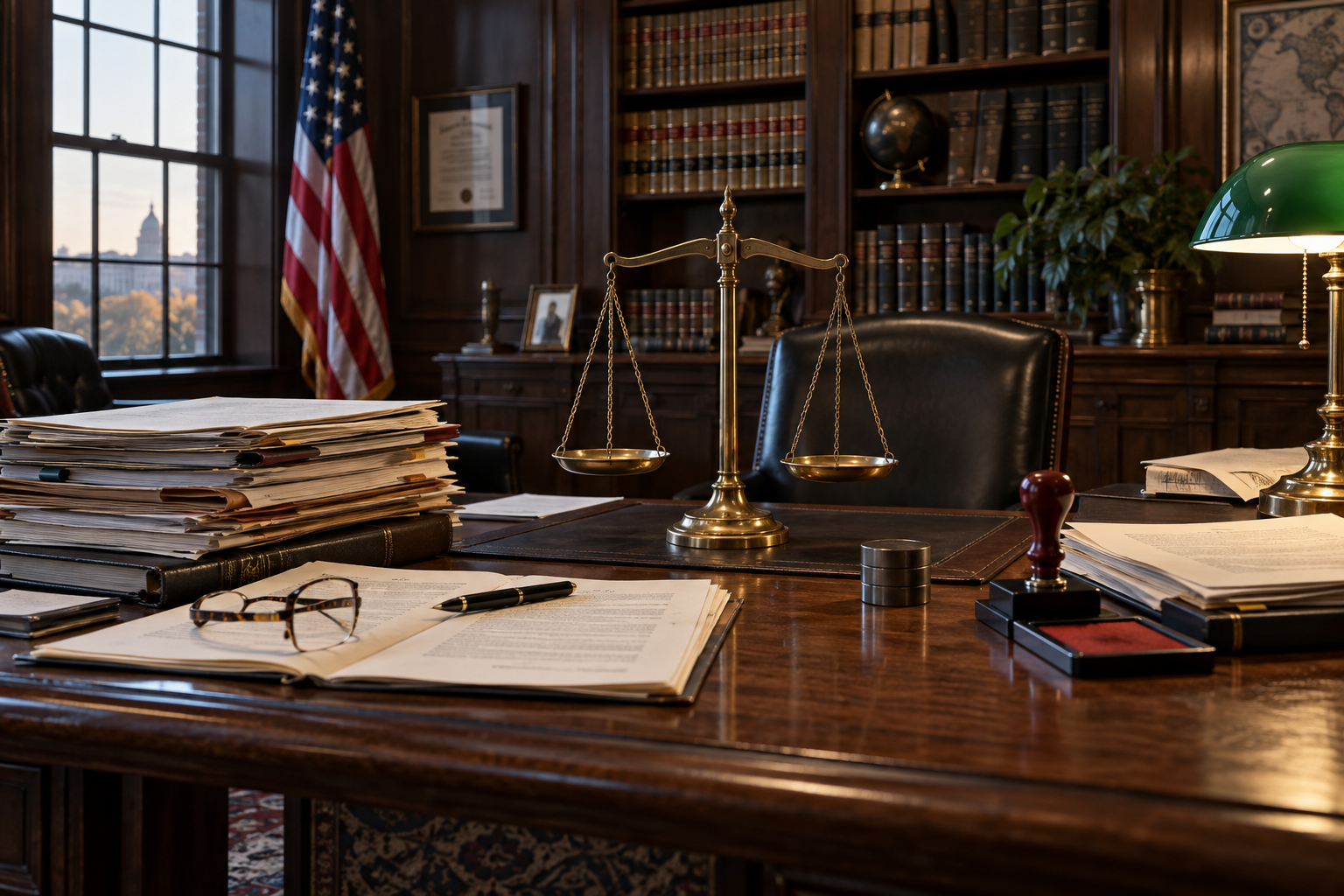 Scales of justice on a judge’s desk beside legal files and a cannabis grinder.