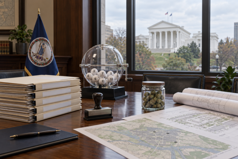 Cannabis license applications beside a lottery drum and flower jar.