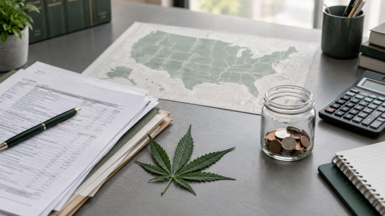 Cannabis leaf, tax documents, coins and a U.S. map on a desk.