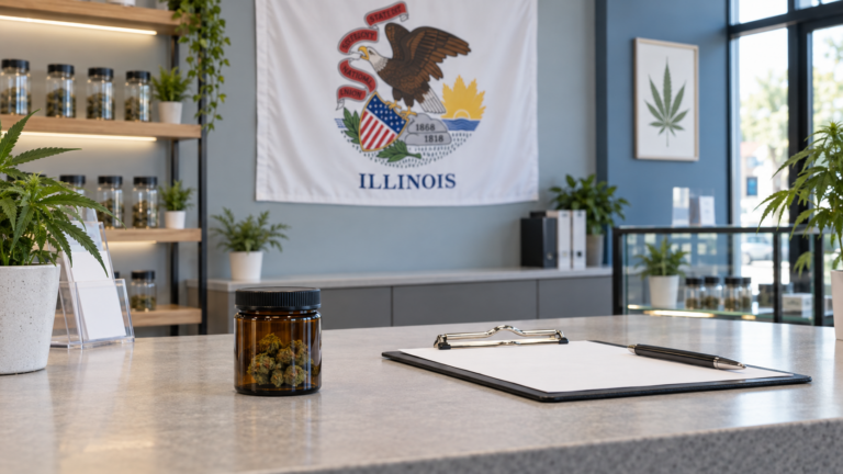 Medical cannabis jar inside an Illinois dispensary with the state flag.