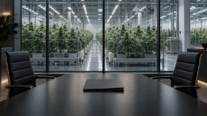 Empty boardroom overlooking a large indoor medical cannabis cultivation facility.
