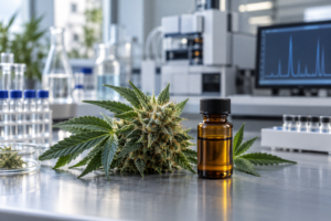 Cannabis flower and an amber botanical extract vial inside a pharmaceutical research laboratory.