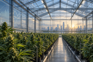 Rows of cannabis plants inside a commercial greenhouse overlooking a city skyline.
