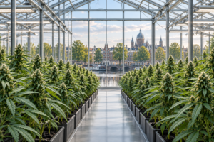 Rows of cannabis plants inside a Dutch greenhouse overlooking Amsterdam.