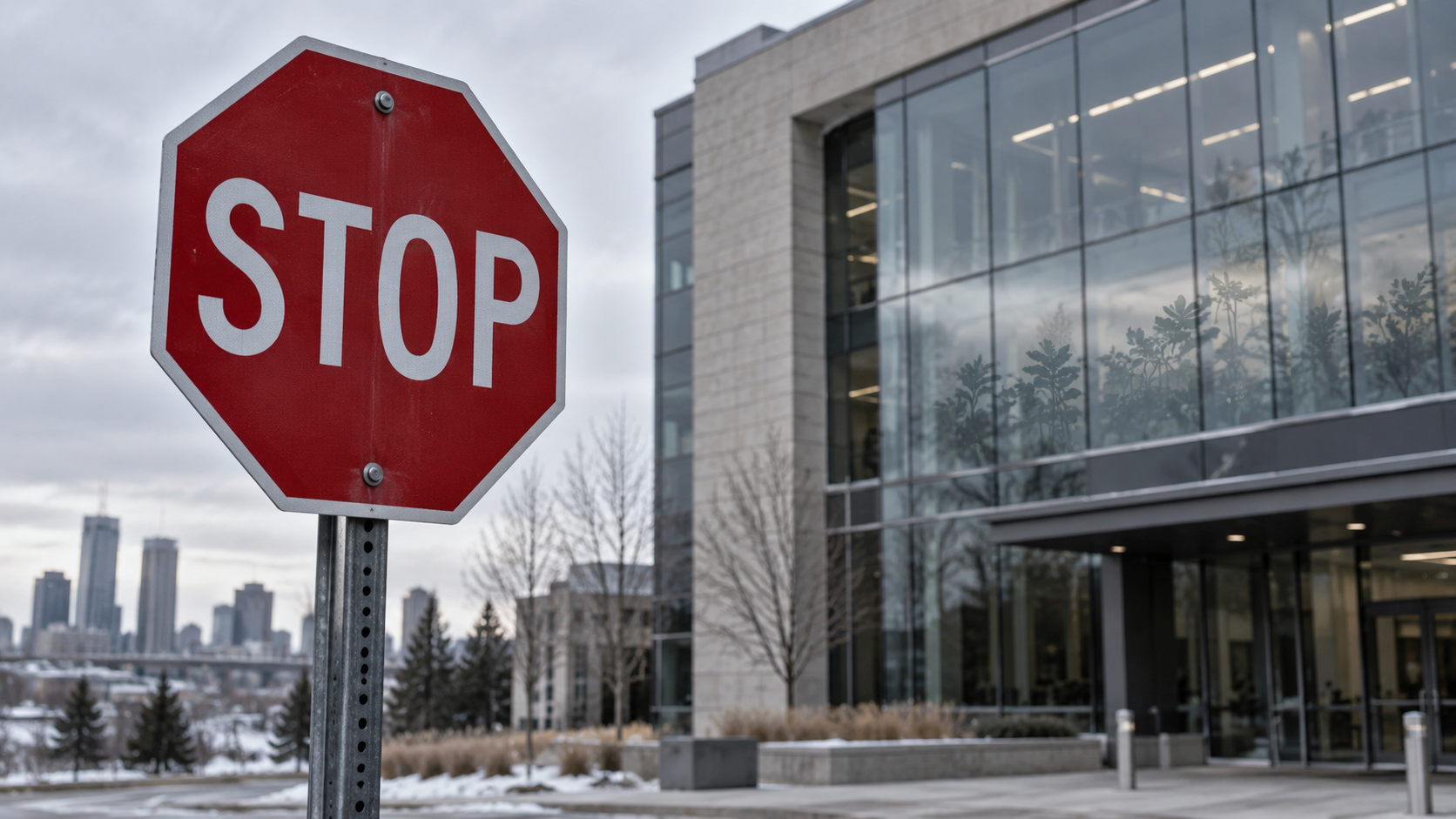 Red stop sign outside a modern office building in Alberta, illustrating Curaleaf’s request to halt Aurora Cannabis share issuances.