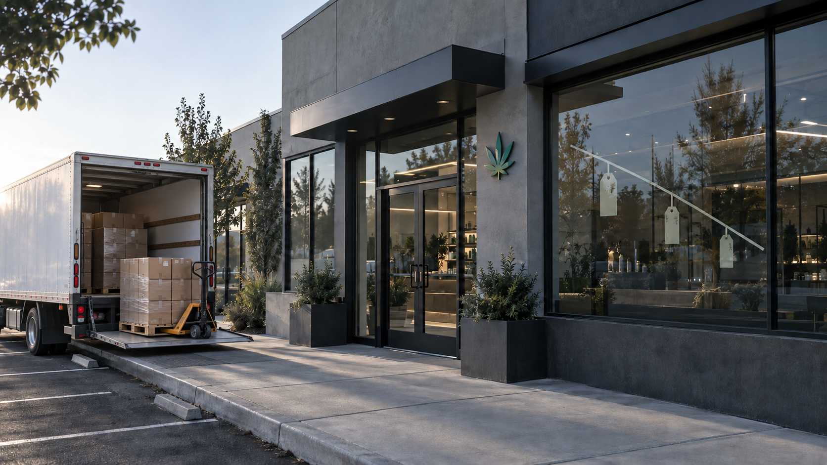 Unbranded delivery truck unloading sealed cartons outside a modern cannabis dispensary.