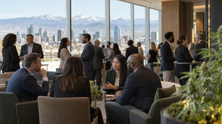 Cannabis industry executives and professionals meet in small groups at a Denver business conference overlooking the city and Rocky Mountains.