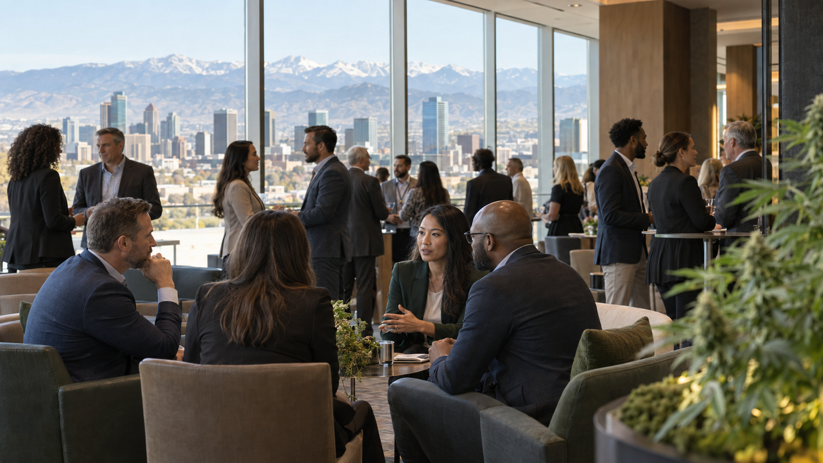 Cannabis industry executives and professionals meet in small groups at a Denver business conference overlooking the city and Rocky Mountains.