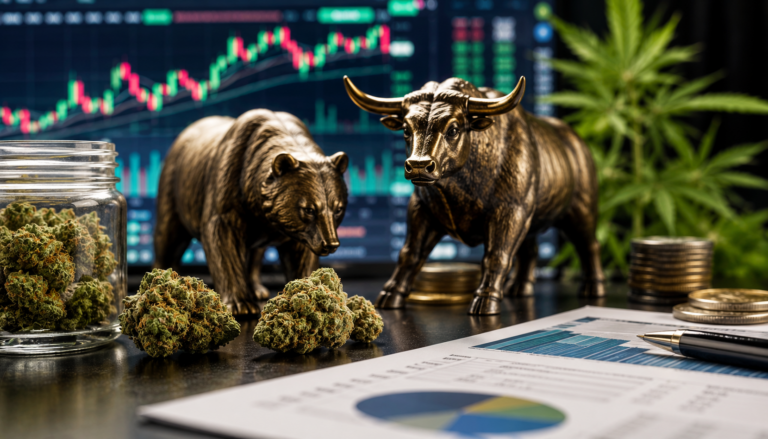 Cannabis buds with bull and bear figures in front of stock charts.