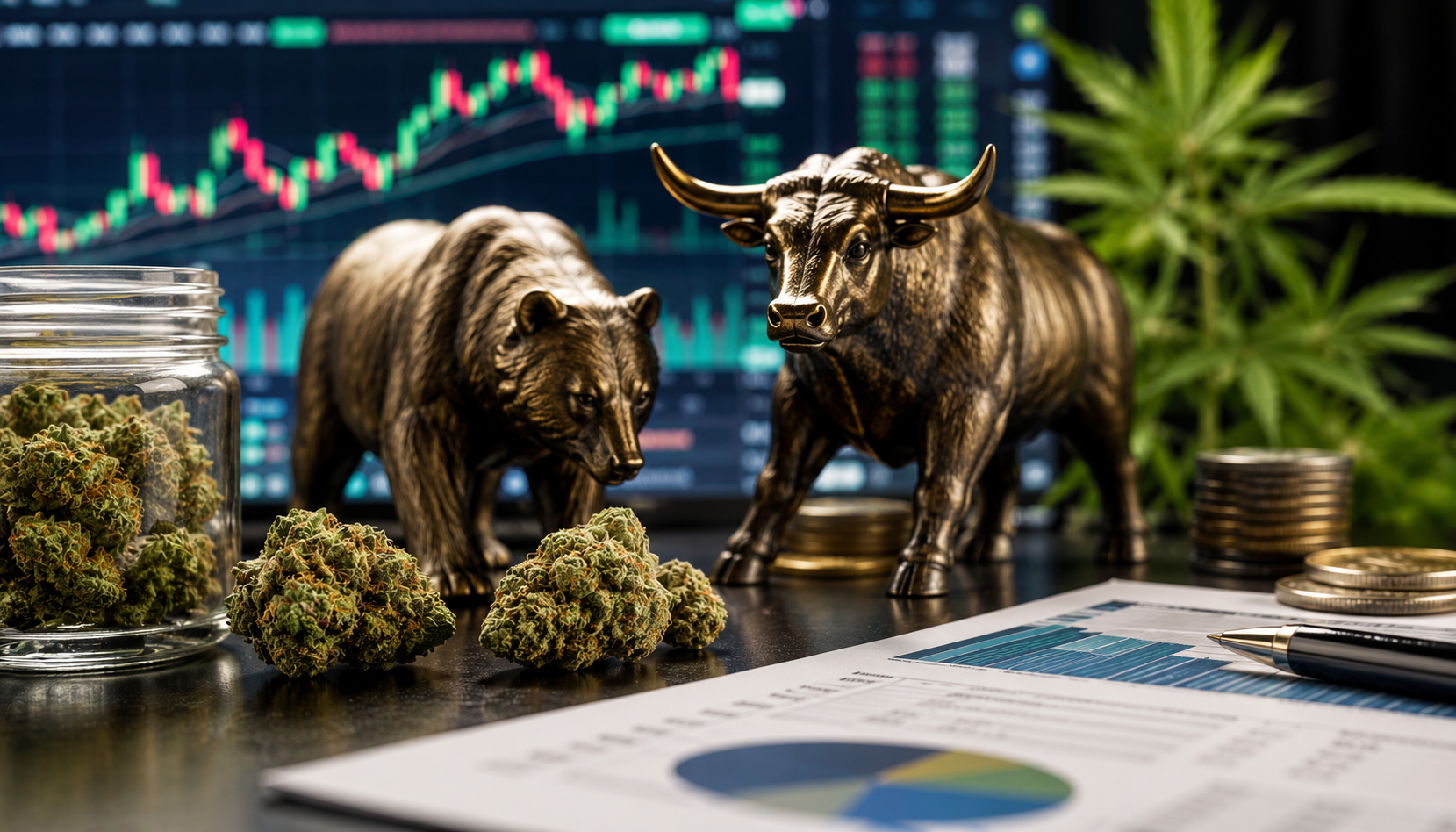 Cannabis buds with bull and bear figures in front of stock charts.