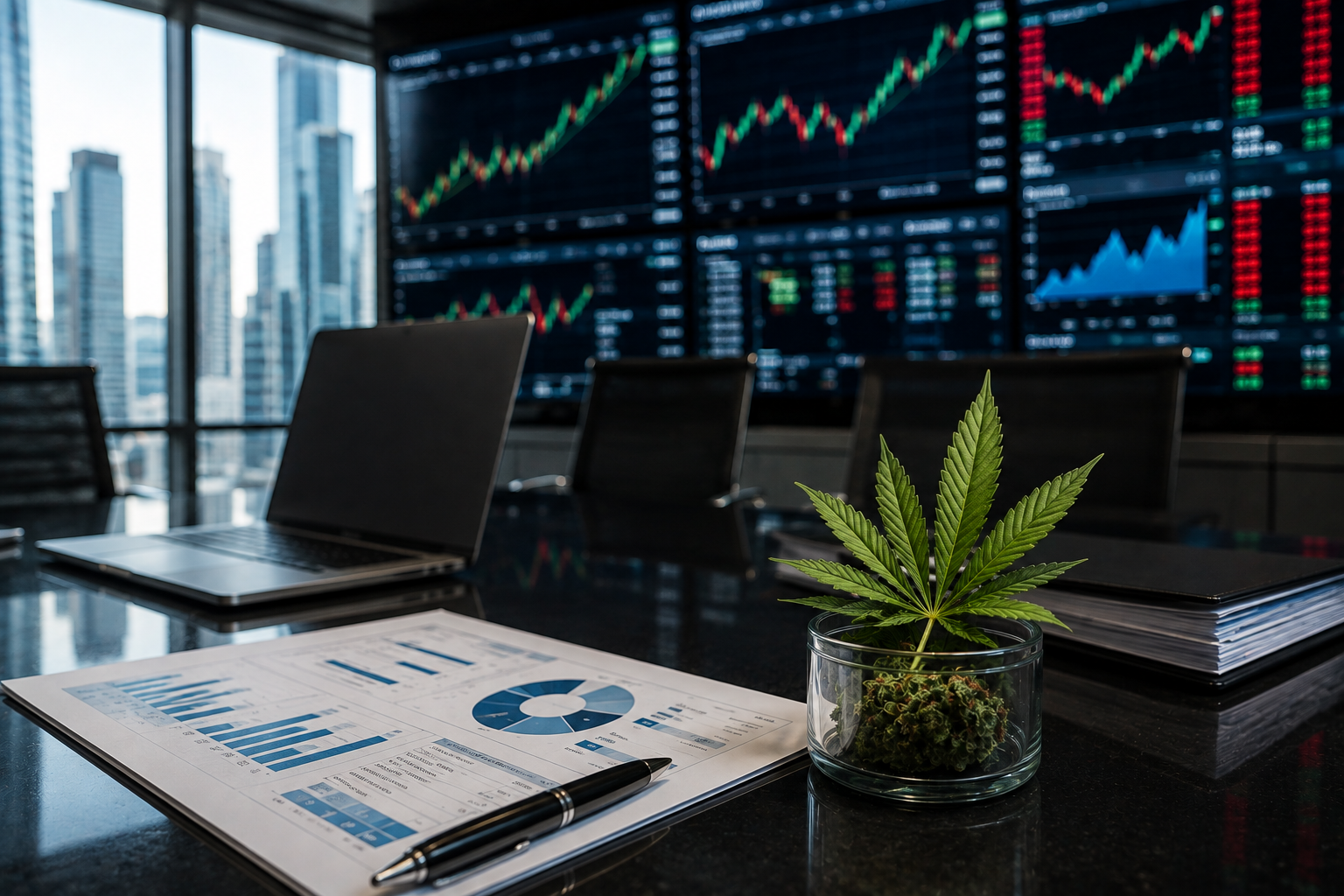 Cannabis buds and leaf beside financial reports and stock trading screens.
