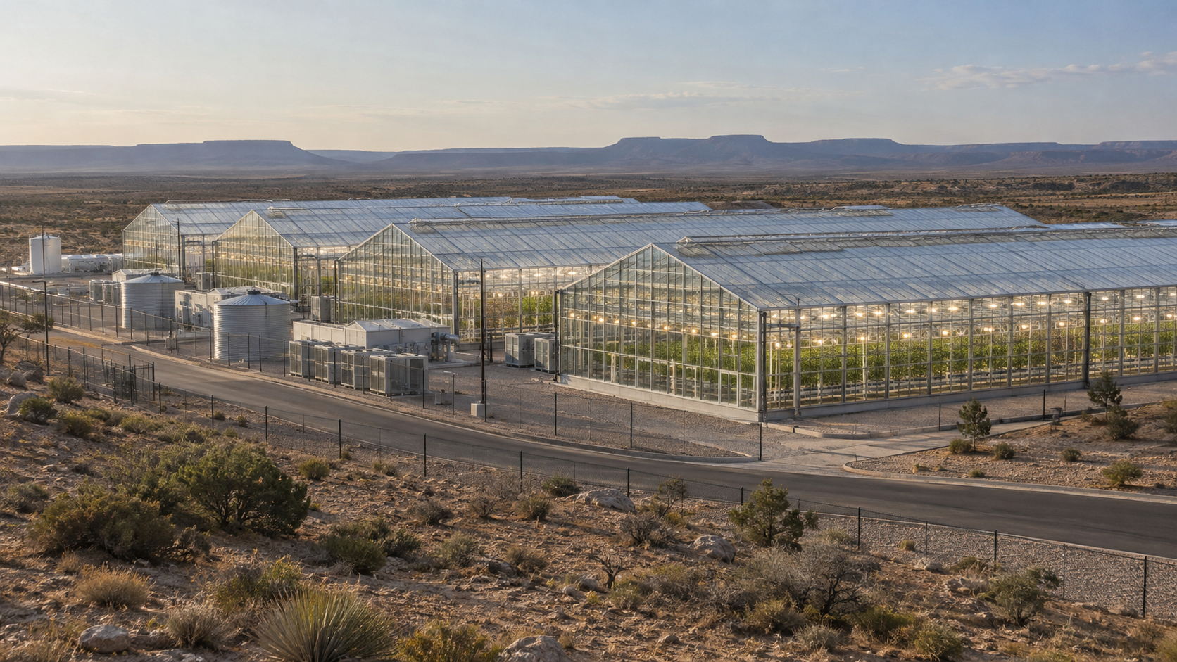 GMP-style cannabis greenhouses with water tanks and climate-control equipment in an arid West Texas landscape.